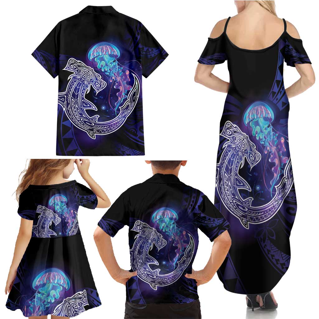 Polynesian Aumakua Family Matching Summer Maxi Dress and Hawaiian Shirt Jellyfish with Shark - Polynesian Pride