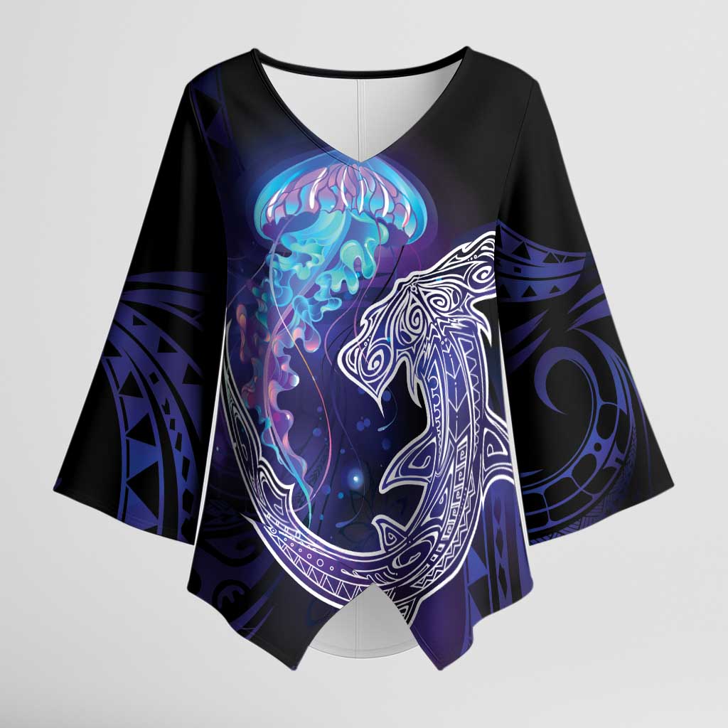 Polynesian Aumakua Kimono Sleeve Blouse Jellyfish with Shark - Polynesian Pride