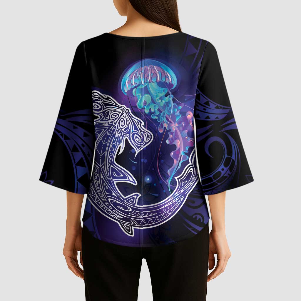 Polynesian Aumakua Kimono Sleeve Blouse Jellyfish with Shark - Polynesian Pride