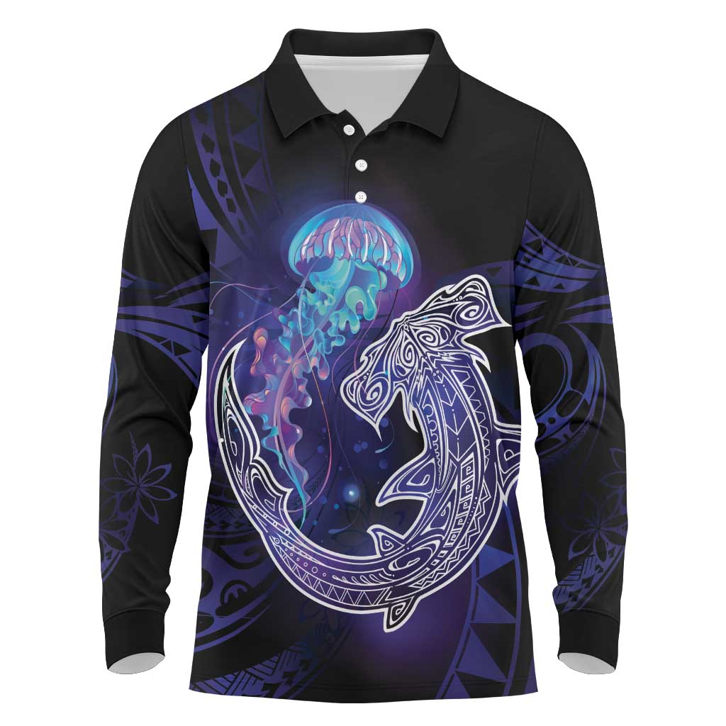 Polynesian Aumakua Long Sleeve Polo Shirt Jellyfish with Shark - Polynesian Pride