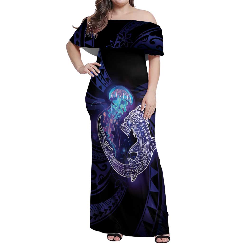 Polynesian Aumakua Off Shoulder Maxi Dress Jellyfish with Shark - Polynesian Pride