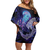 Polynesian Aumakua Off Shoulder Short Dress Jellyfish with Shark - Polynesian Pride