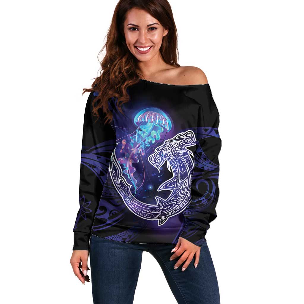 Polynesian Aumakua Off Shoulder Sweater Jellyfish with Shark - Polynesian Pride