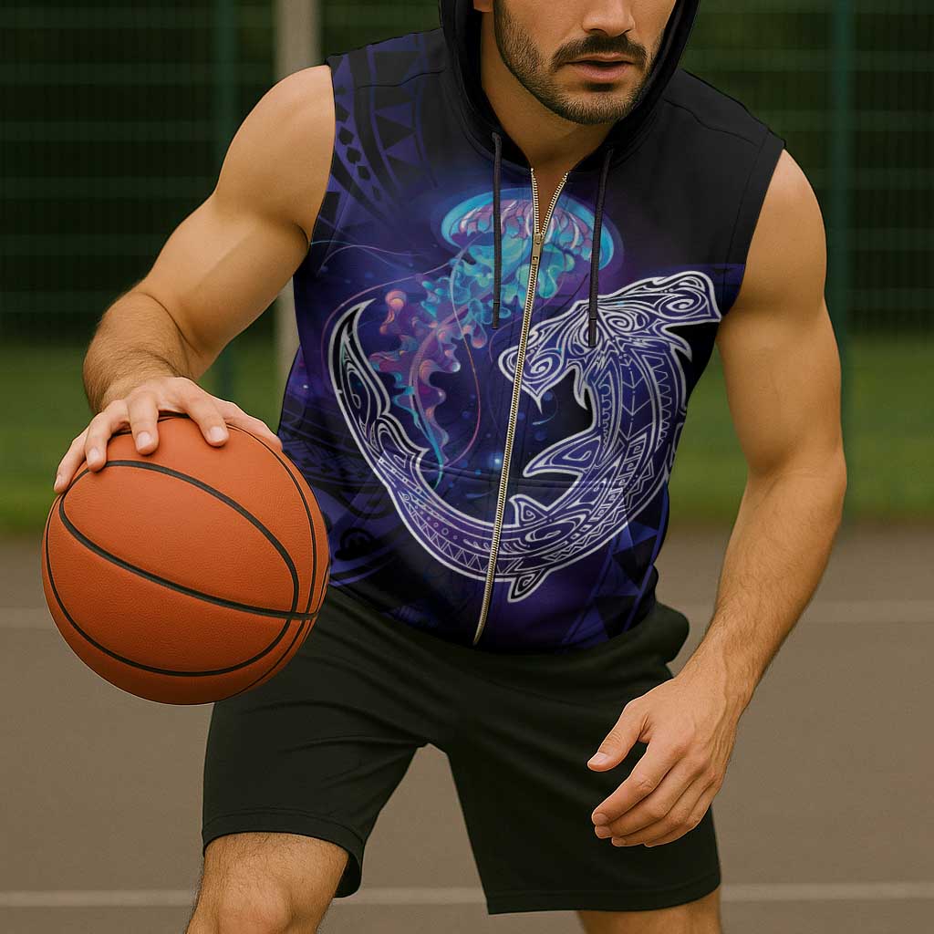 Polynesian Aumakua Sleeveless Zip Hoodie Jellyfish with Shark - Polynesian Pride