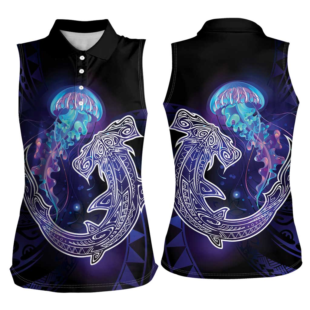Polynesian Aumakua Women Sleeveless Polo Shirt Jellyfish with Shark - Polynesian Pride