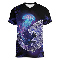 Polynesian Aumakua Women V-Neck T-Shirt Jellyfish with Shark - Polynesian Pride