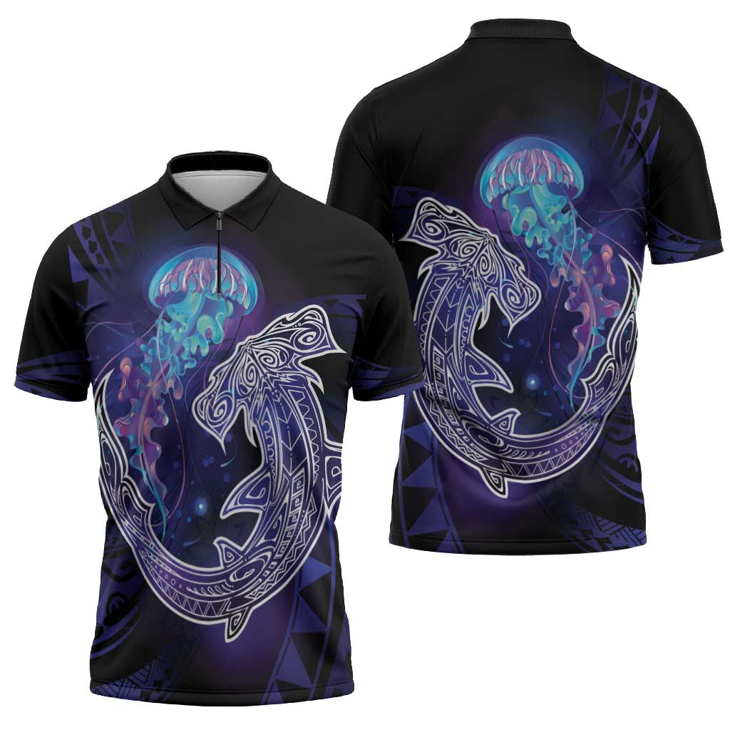 Polynesian Aumakua Zipper Polo Shirt Jellyfish with Shark - Polynesian Pride