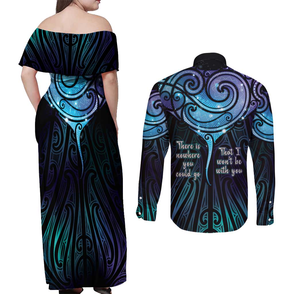 Aotearoa Maori Te Whai Rahi Couples Matching Off Shoulder Maxi Dress and Long Sleeve Button Shirt Tala - Nowhere You Could Go That I Won't Be With You - Polynesian Pride