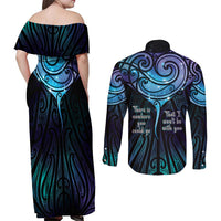 Aotearoa Maori Te Whai Rahi Couples Matching Off Shoulder Maxi Dress and Long Sleeve Button Shirt Tala - Nowhere You Could Go That I Won't Be With You - Polynesian Pride