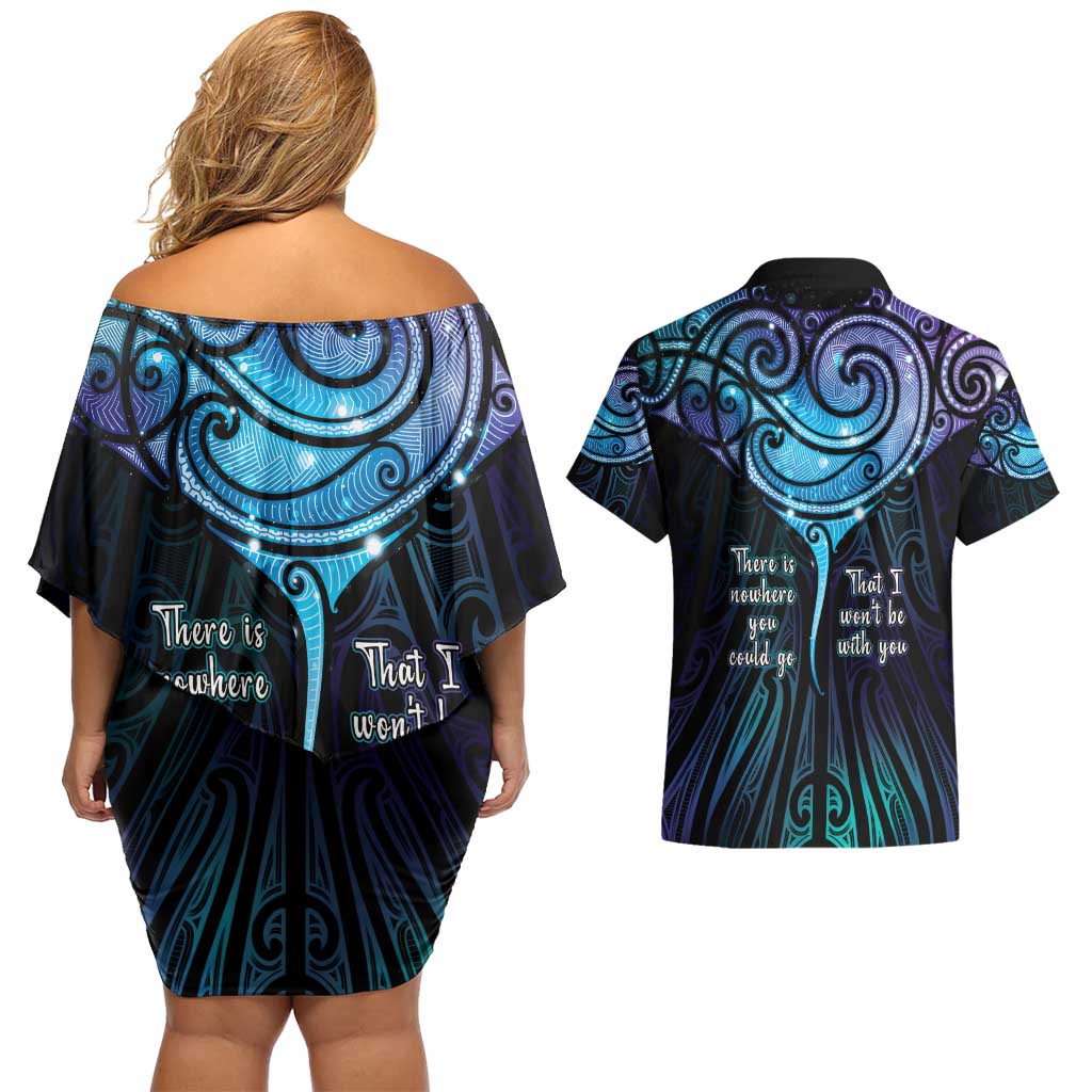Aotearoa Maori Te Whai Rahi Couples Matching Off Shoulder Short Dress and Hawaiian Shirt Tala - Nowhere You Could Go That I Won't Be With You - Polynesian Pride