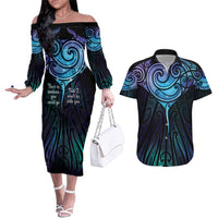 Aotearoa Maori Te Whai Rahi Couples Matching Off The Shoulder Long Sleeve Dress and Hawaiian Shirt Tala - Nowhere You Could Go That I Won't Be With You - Polynesian Pride