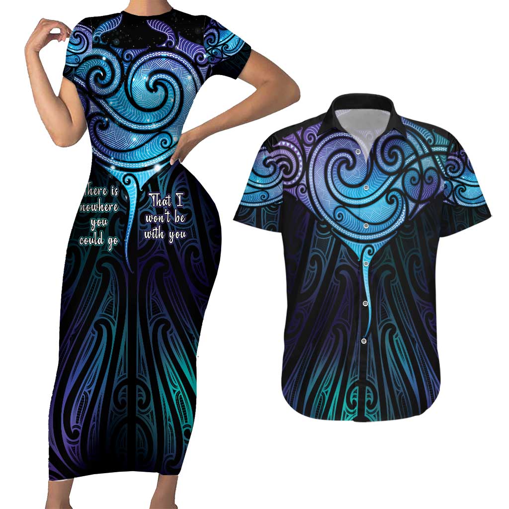 Aotearoa Maori Te Whai Rahi Couples Matching Short Sleeve Bodycon Dress and Hawaiian Shirt Tala - Nowhere You Could Go That I Won't Be With You - Polynesian Pride
