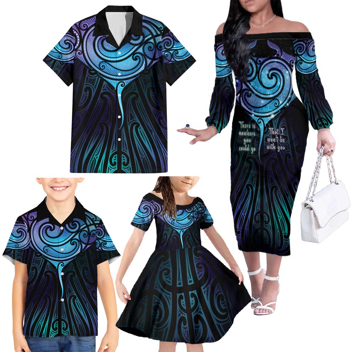 Aotearoa Maori Te Whai Rahi Family Matching Off The Shoulder Long Sleeve Dress and Hawaiian Shirt Tala - Nowhere You Could Go That I Won't Be With You - Polynesian Pride