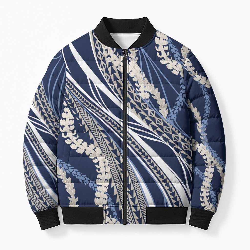 Polynesian Puakeniken Pikake Twisted Lei Bomber Puffer Jacket Navy Blue - Polynesian Pride