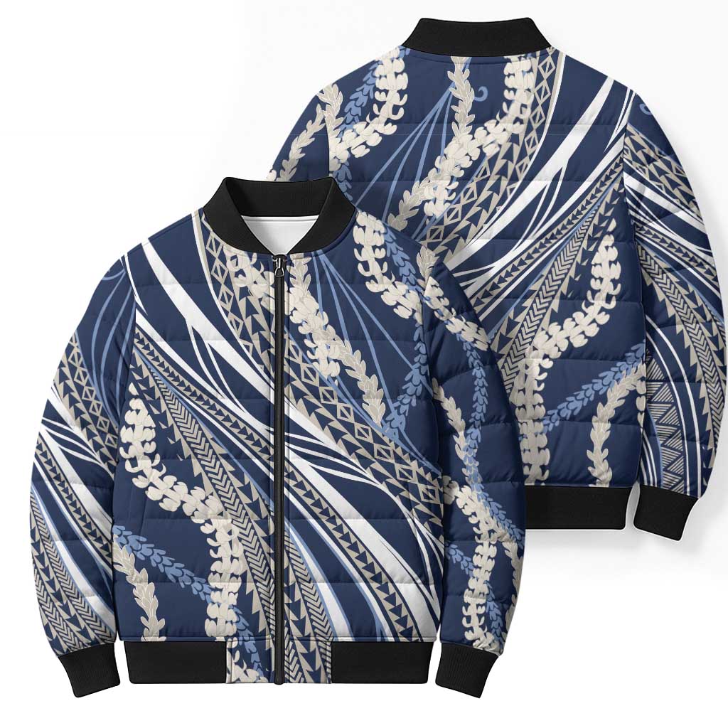 Polynesian Puakeniken Pikake Twisted Lei Bomber Puffer Jacket Navy Blue - Polynesian Pride