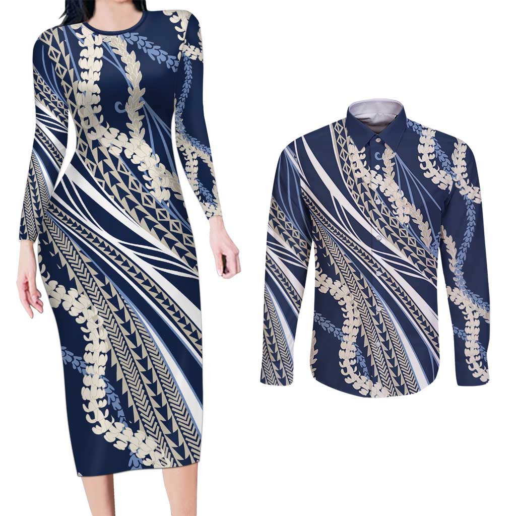 Polynesian Puakeniken Pikake Twisted Lei Couples Matching Long Sleeve Bodycon Dress and Long Sleeve Button Shirt Navy Blue - Polynesian Pride