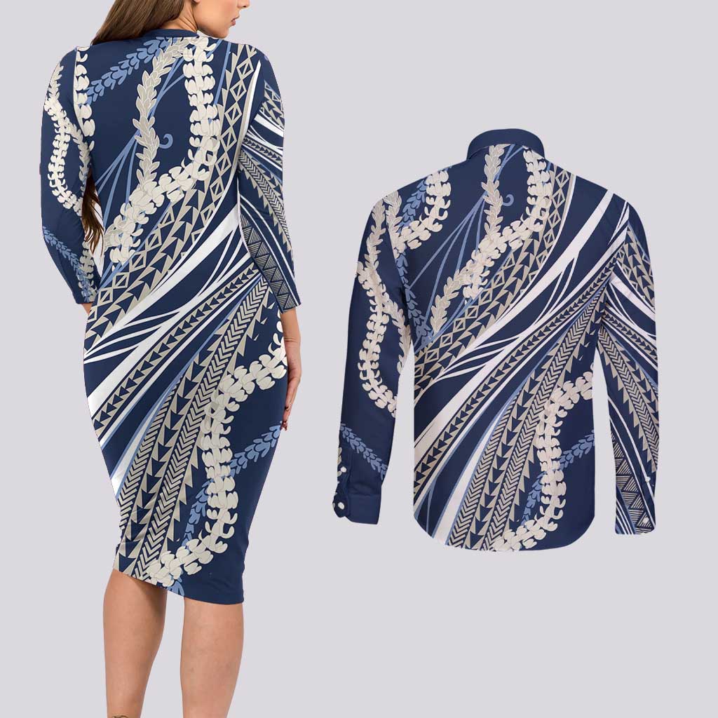 Polynesian Puakeniken Pikake Twisted Lei Couples Matching Long Sleeve Bodycon Dress and Long Sleeve Button Shirt Navy Blue - Polynesian Pride