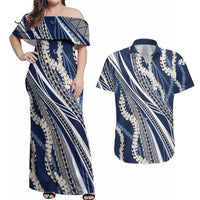 Polynesian Puakeniken Pikake Twisted Lei Couples Matching Off Shoulder Maxi Dress and Hawaiian Shirt Navy Blue - Polynesian Pride