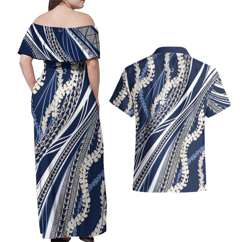 Polynesian Puakeniken Pikake Twisted Lei Couples Matching Off Shoulder Maxi Dress and Hawaiian Shirt Navy Blue - Polynesian Pride