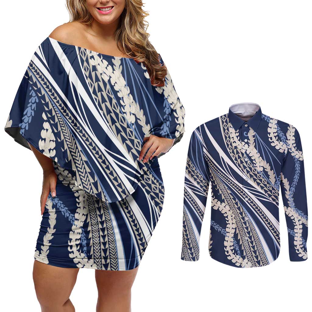 Polynesian Puakeniken Pikake Twisted Lei Couples Matching Off Shoulder Short Dress and Long Sleeve Button Shirt Navy Blue LT7 Navy Blue - Polynesian Pride