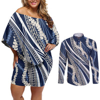Polynesian Puakeniken Pikake Twisted Lei Couples Matching Off Shoulder Short Dress and Long Sleeve Button Shirt Navy Blue LT7 Navy Blue - Polynesian Pride