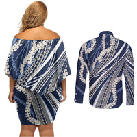 Polynesian Puakeniken Pikake Twisted Lei Couples Matching Off Shoulder Short Dress and Long Sleeve Button Shirt Navy Blue LT7 - Polynesian Pride