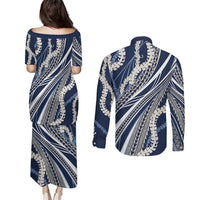 Polynesian Puakeniken Pikake Twisted Lei Couples Matching Puletasi and Long Sleeve Button Shirt Navy Blue - Polynesian Pride