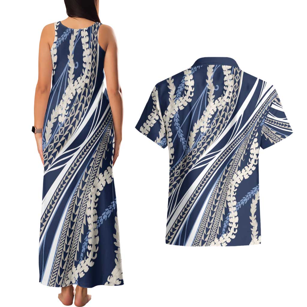 Polynesian Puakeniken Pikake Twisted Lei Couples Matching Tank Maxi Dress and Hawaiian Shirt Navy Blue - Polynesian Pride