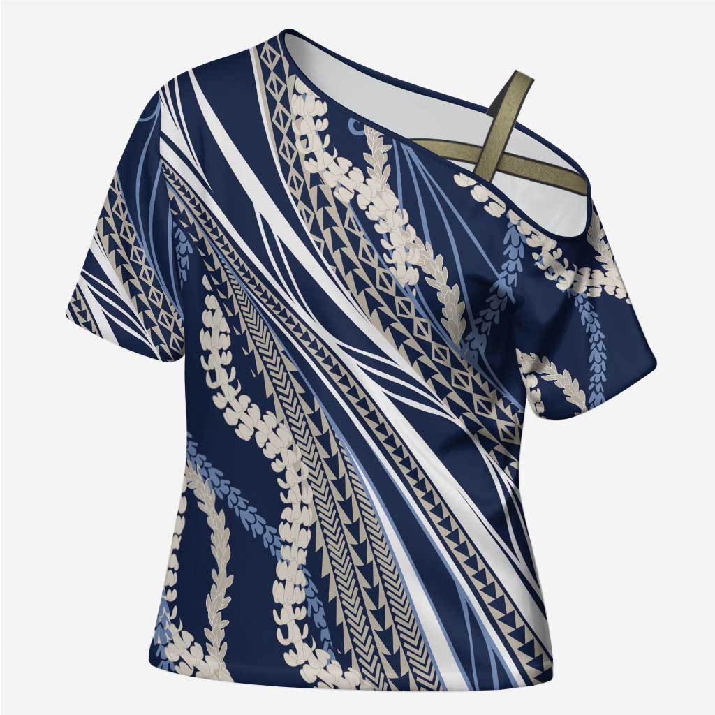 Polynesian Puakeniken Pikake Twisted Lei Cross Shoulder Shirt Navy Blue - Polynesian Pride