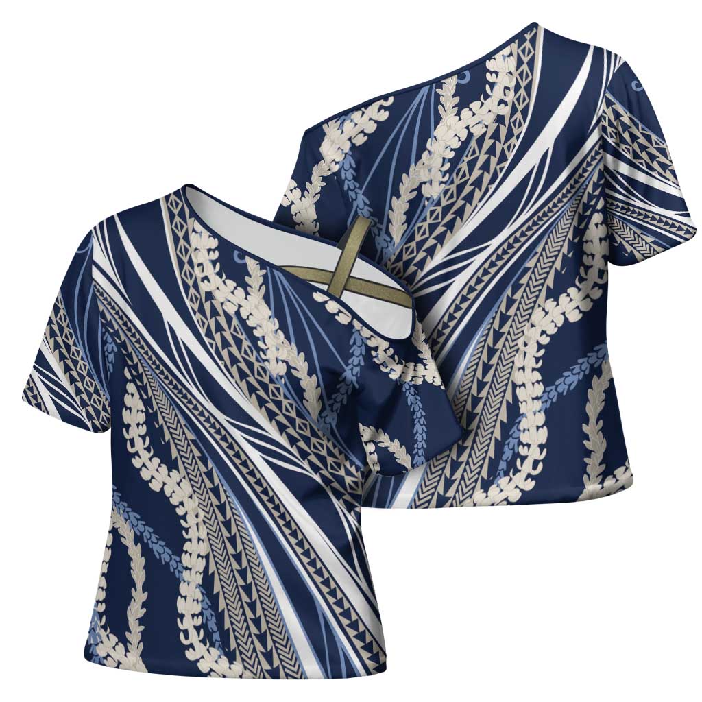 Polynesian Puakeniken Pikake Twisted Lei Cross Shoulder Shirt Navy Blue - Polynesian Pride