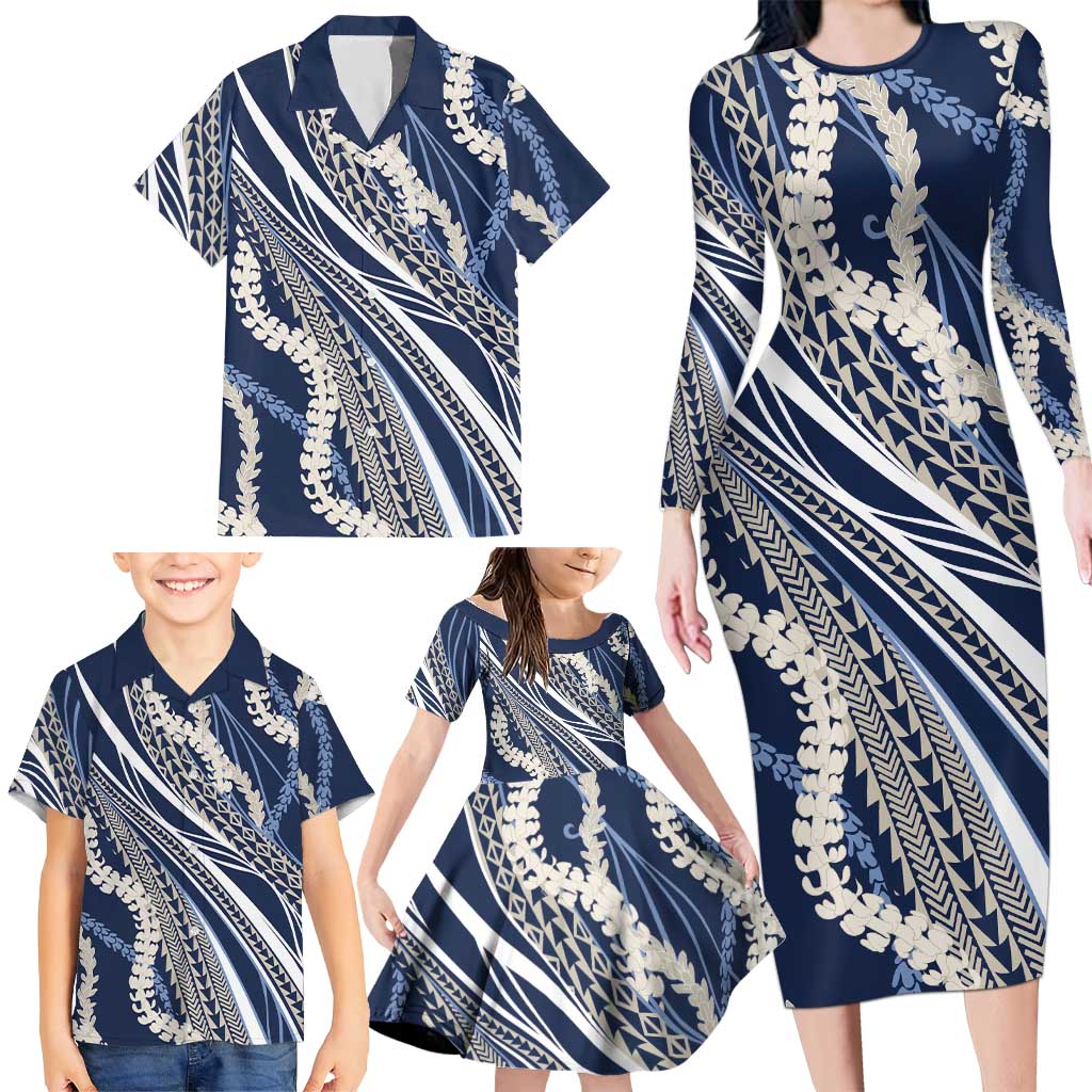 Polynesian Puakeniken Pikake Twisted Lei Family Matching Long Sleeve Bodycon Dress and Hawaiian Shirt Navy Blue - Polynesian Pride
