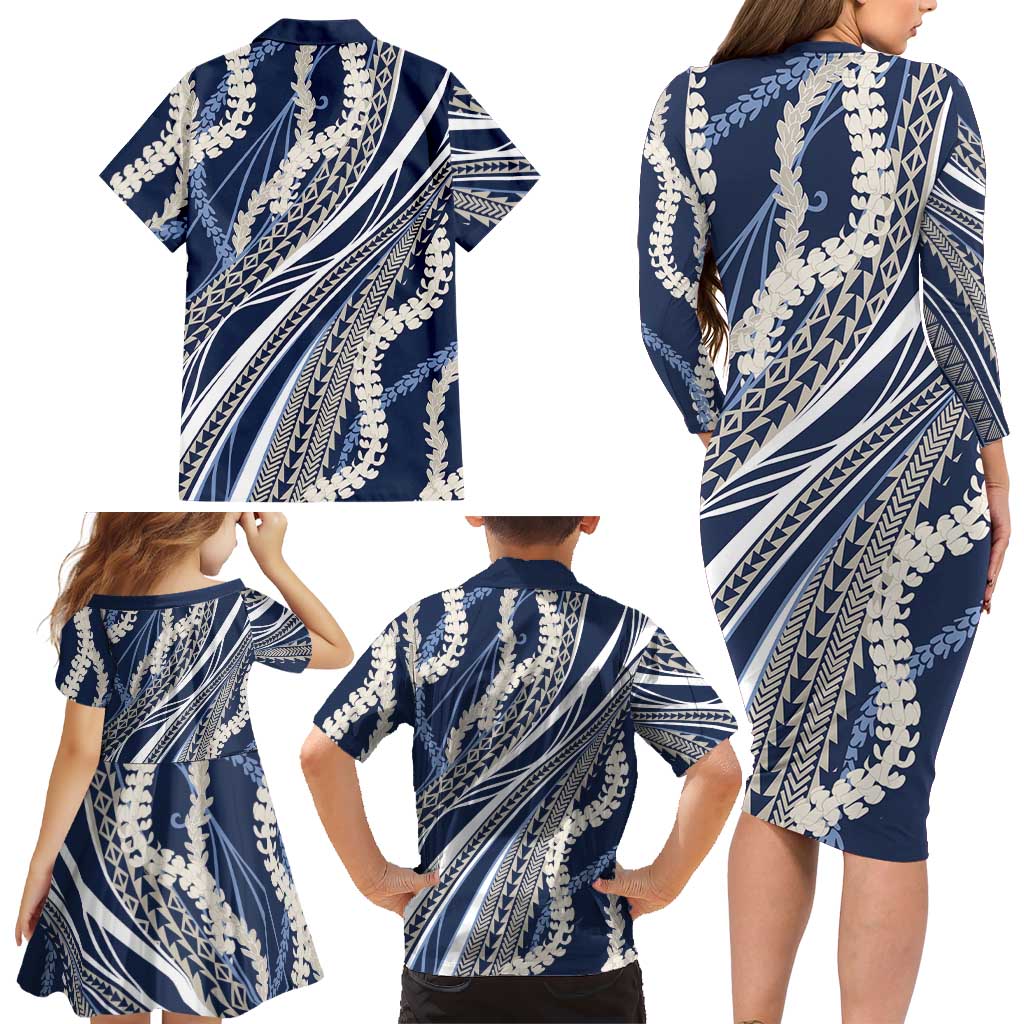 Polynesian Puakeniken Pikake Twisted Lei Family Matching Long Sleeve Bodycon Dress and Hawaiian Shirt Navy Blue - Polynesian Pride