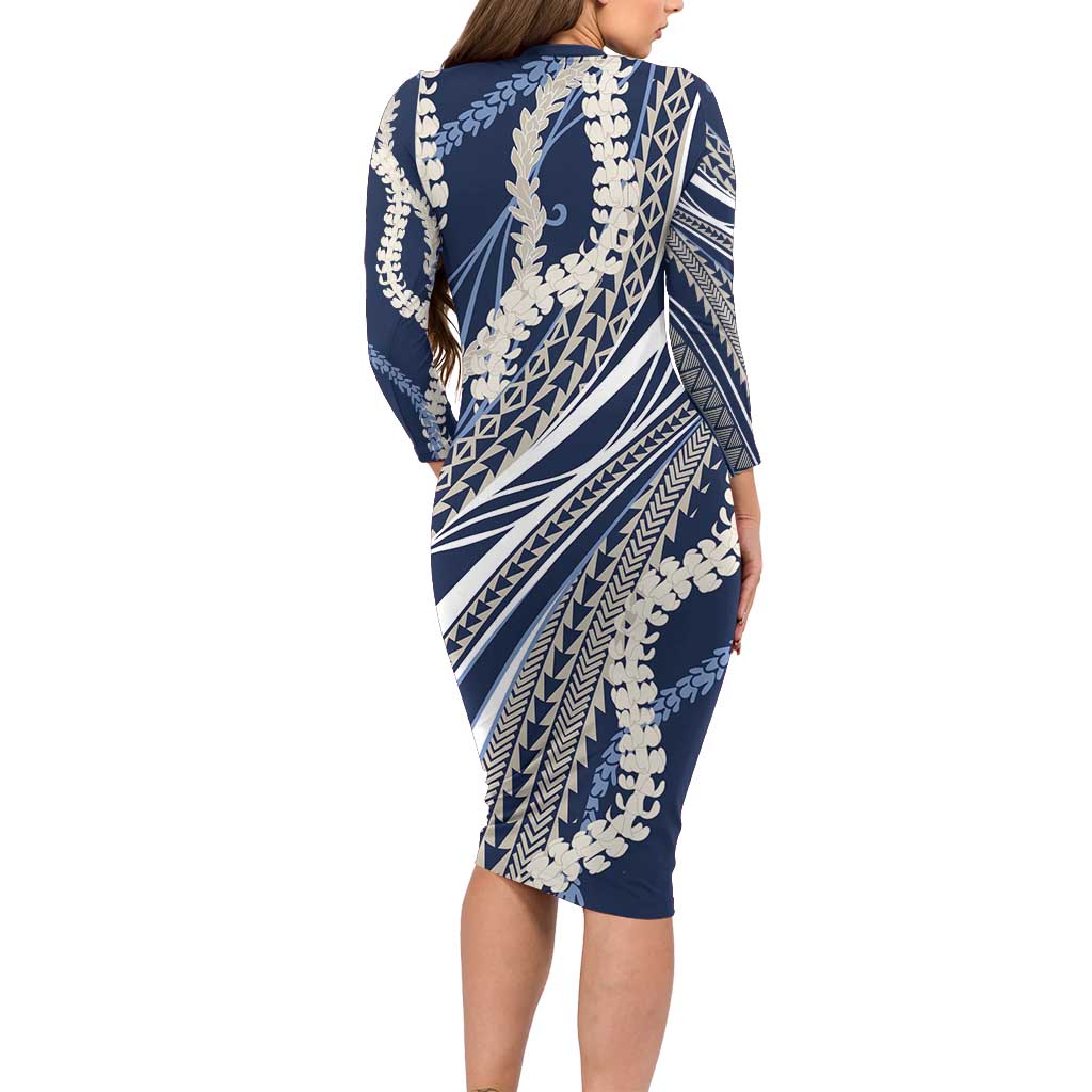 Polynesian Puakeniken Pikake Twisted Lei Family Matching Long Sleeve Bodycon Dress and Hawaiian Shirt Navy Blue - Polynesian Pride