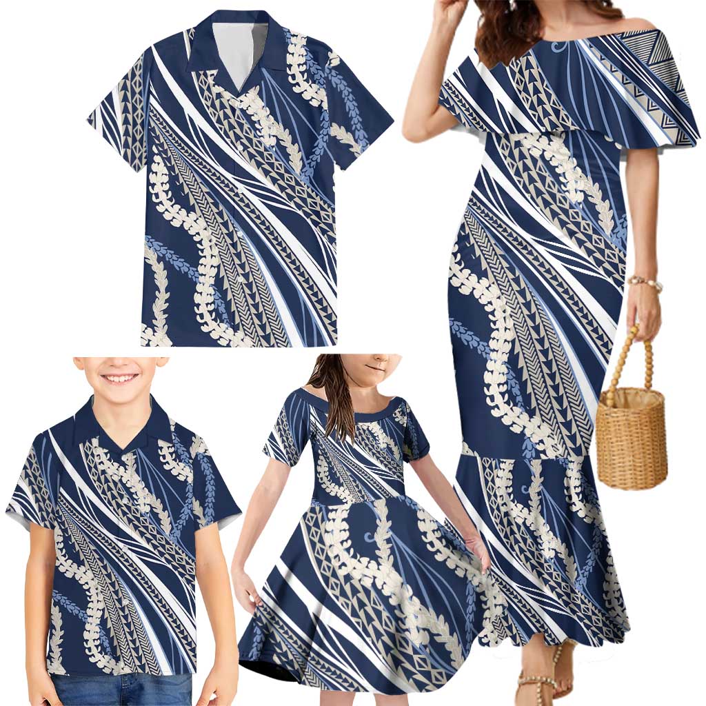 Polynesian Puakeniken Pikake Twisted Lei Family Matching Mermaid Dress and Hawaiian Shirt Navy Blue - Polynesian Pride