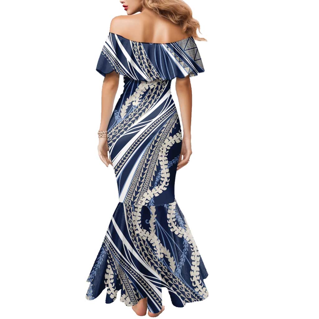 Polynesian Puakeniken Pikake Twisted Lei Family Matching Mermaid Dress and Hawaiian Shirt Navy Blue - Polynesian Pride
