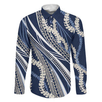 Polynesian Puakeniken Pikake Twisted Lei Family Matching Off The Shoulder Long Sleeve Dress and Hawaiian Shirt Navy Blue - Polynesian Pride