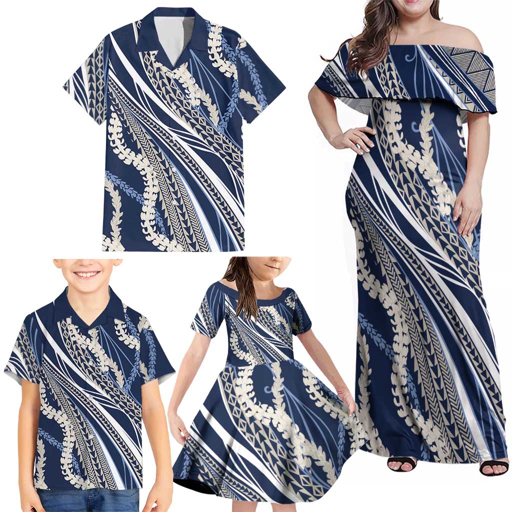 Polynesian Puakeniken Pikake Twisted Lei Family Matching Off Shoulder Maxi Dress and Hawaiian Shirt Navy Blue - Polynesian Pride