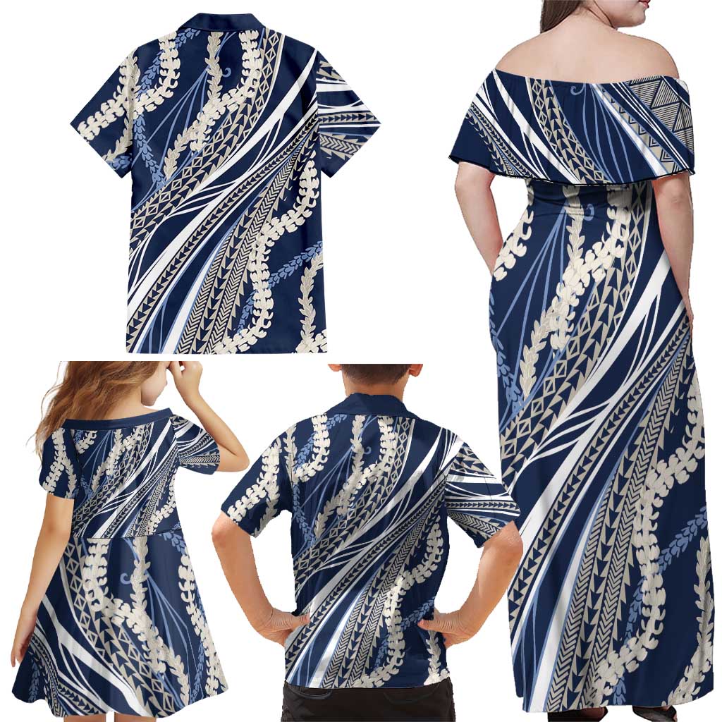 Polynesian Puakeniken Pikake Twisted Lei Family Matching Off Shoulder Maxi Dress and Hawaiian Shirt Navy Blue - Polynesian Pride