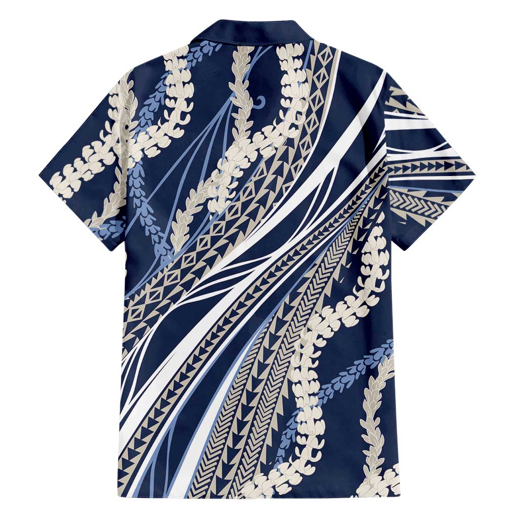 Polynesian Puakeniken Pikake Twisted Lei Family Matching Off Shoulder Maxi Dress and Hawaiian Shirt Navy Blue - Polynesian Pride