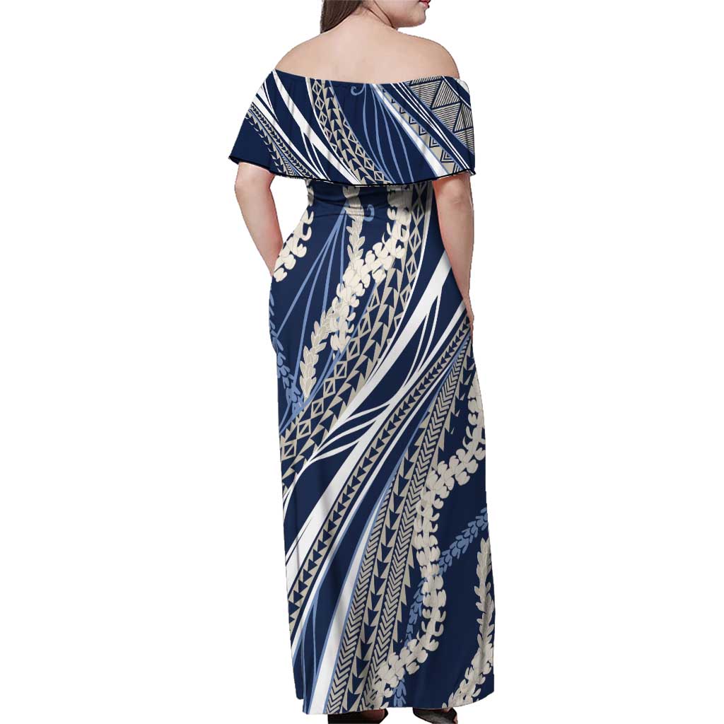 Polynesian Puakeniken Pikake Twisted Lei Family Matching Off Shoulder Maxi Dress and Hawaiian Shirt Navy Blue - Polynesian Pride