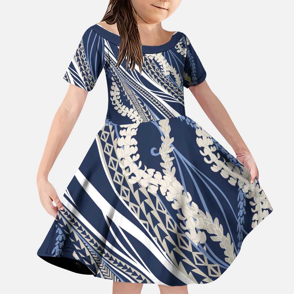 Polynesian Puakeniken Pikake Twisted Lei Family Matching Off Shoulder Short Dress and Hawaiian Shirt Navy Blue - Polynesian Pride