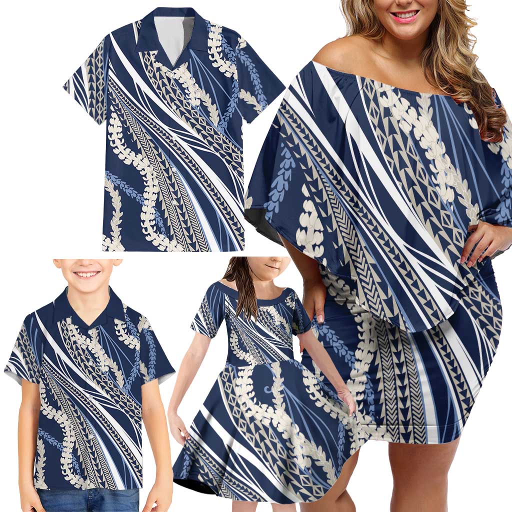 Polynesian Puakeniken Pikake Twisted Lei Family Matching Off Shoulder Short Dress and Hawaiian Shirt Navy Blue - Polynesian Pride