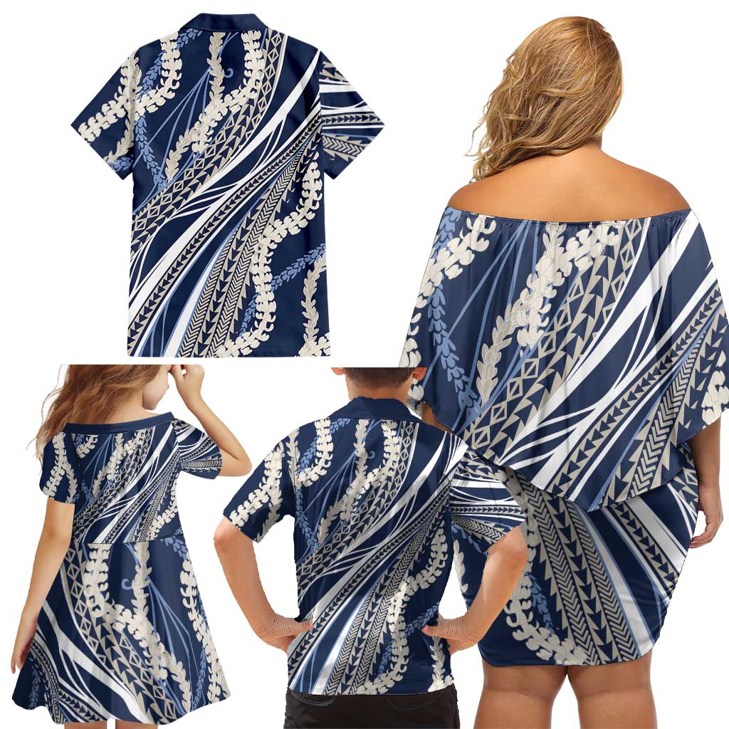 Polynesian Puakeniken Pikake Twisted Lei Family Matching Off Shoulder Short Dress and Hawaiian Shirt Navy Blue - Polynesian Pride