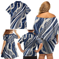 Polynesian Puakeniken Pikake Twisted Lei Family Matching Off Shoulder Short Dress and Hawaiian Shirt Navy Blue - Polynesian Pride