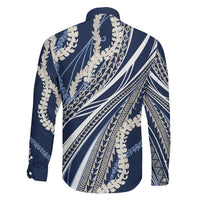 Polynesian Puakeniken Pikake Twisted Lei Family Matching Off Shoulder Short Dress and Hawaiian Shirt Navy Blue - Polynesian Pride