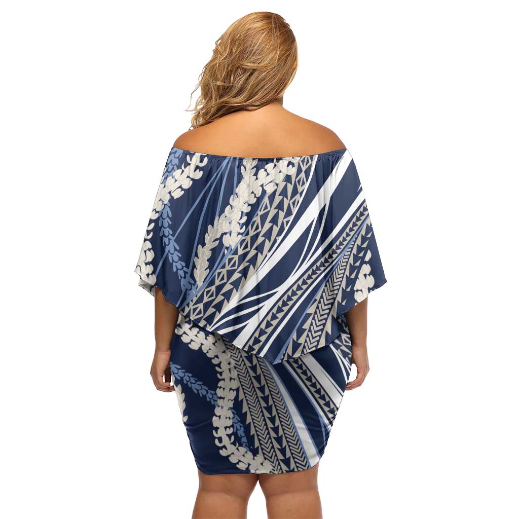 Polynesian Puakeniken Pikake Twisted Lei Family Matching Off Shoulder Short Dress and Hawaiian Shirt Navy Blue - Polynesian Pride