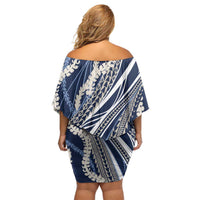 Polynesian Puakeniken Pikake Twisted Lei Family Matching Off Shoulder Short Dress and Hawaiian Shirt Navy Blue - Polynesian Pride