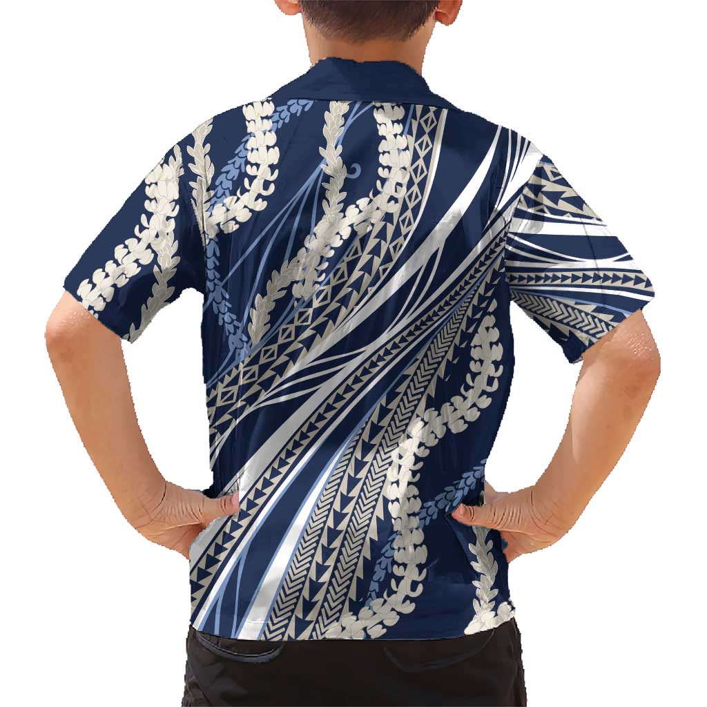 Polynesian Puakeniken Pikake Twisted Lei Family Matching Puletasi and Hawaiian Shirt Navy Blue - Polynesian Pride