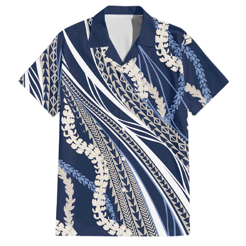Polynesian Puakeniken Pikake Twisted Lei Family Matching Puletasi and Hawaiian Shirt Navy Blue - Polynesian Pride