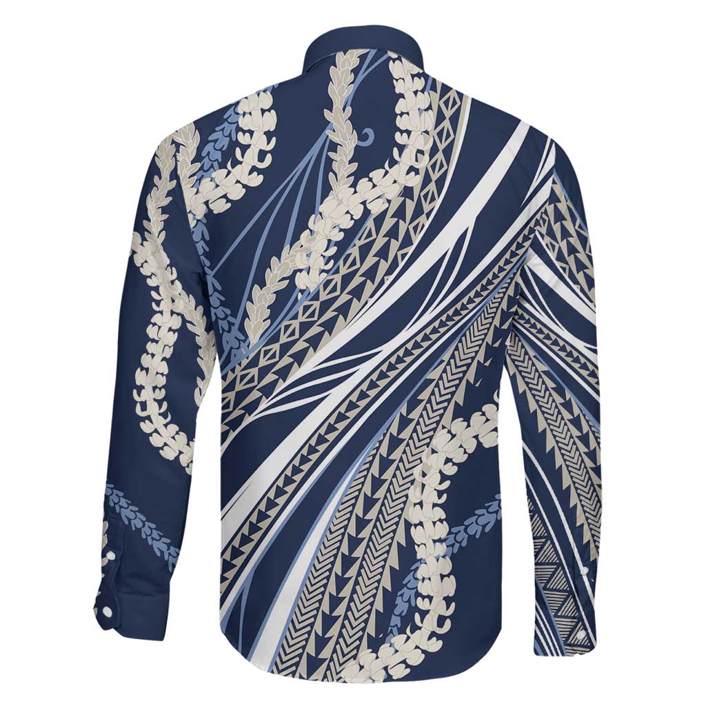 Polynesian Puakeniken Pikake Twisted Lei Family Matching Puletasi and Hawaiian Shirt Navy Blue - Polynesian Pride